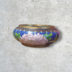 Chinese Peony Floral Enameled Cloisonne Bowl 19" Diameter 3" Tall Small Damage